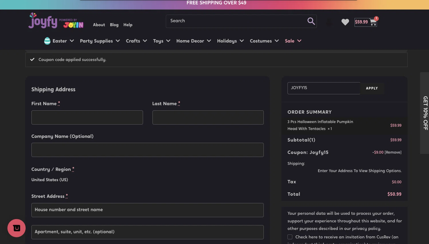 Joyfy promo code screenshot showing code JOYFY15 applied at Joyfy checkout page. Uploaded by SimplyCodes community member Peluche on Jun 6, 2025