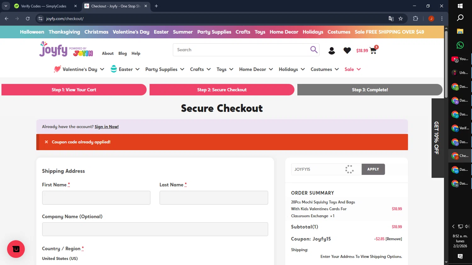 Joyfy checkout page showing Joyfy promo code box | Screenshot taken by SimplyCodes community member on Feb 2, 2026
