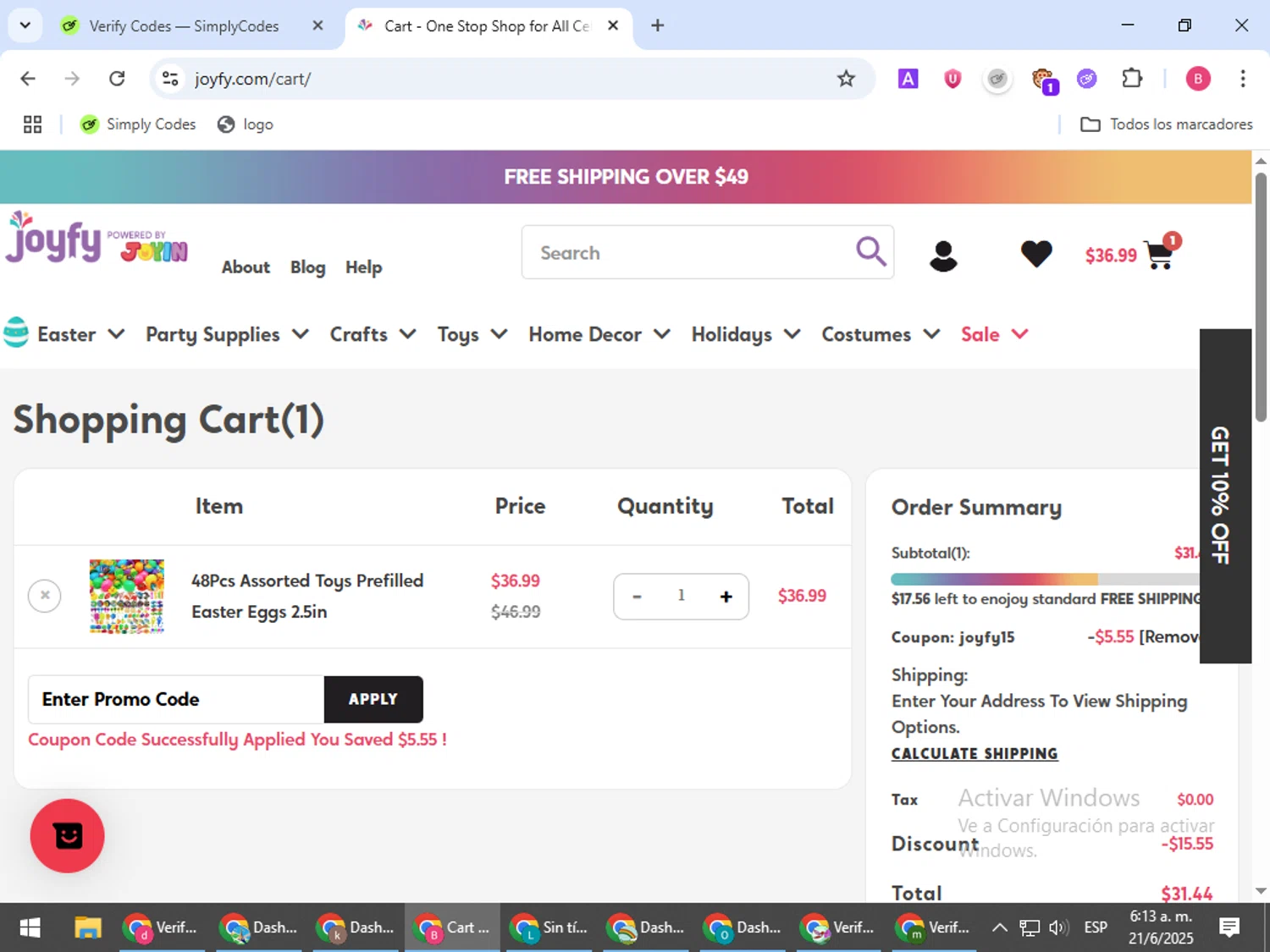 Joyfy promo code screenshot showing code JOYFY15 applied at Joyfy checkout page. Uploaded by SimplyCodes community member bombontropical on Jun 21, 2025