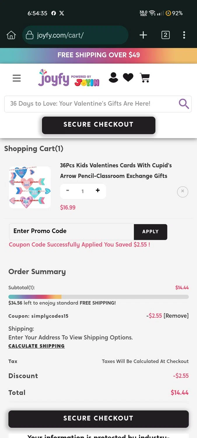 Joyfy promo code screenshot showing code SIMPLYCODES15 applied at Joyfy checkout page. Uploaded by SimplyCodes community member CoinHero3675 on Jan 9, 2025