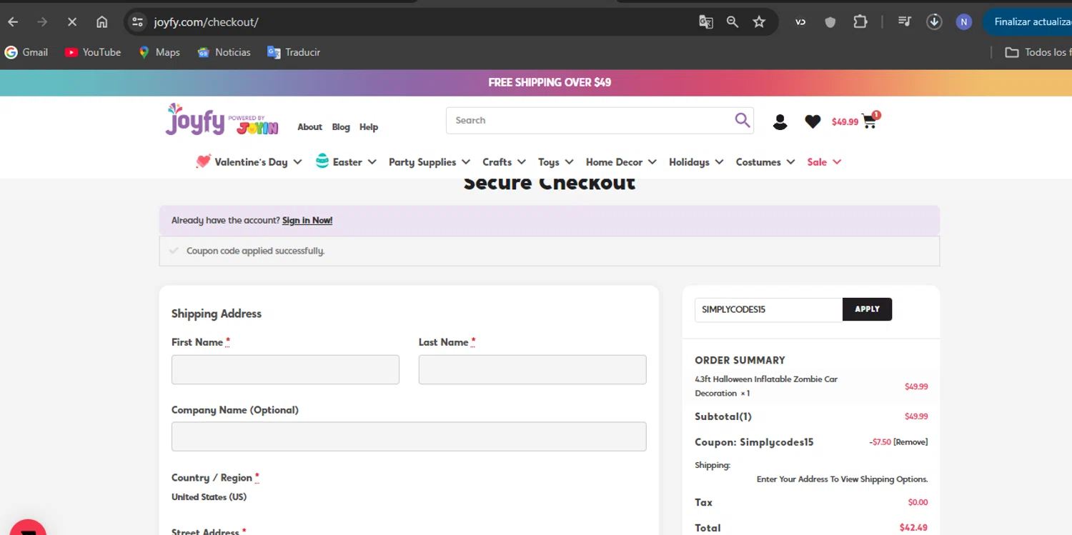 Joyfy promo code screenshot showing code SIMPLYCODES15 applied at Joyfy checkout page. Uploaded by SimplyCodes community member mamadetrinii179ff0 on Feb 13, 2026