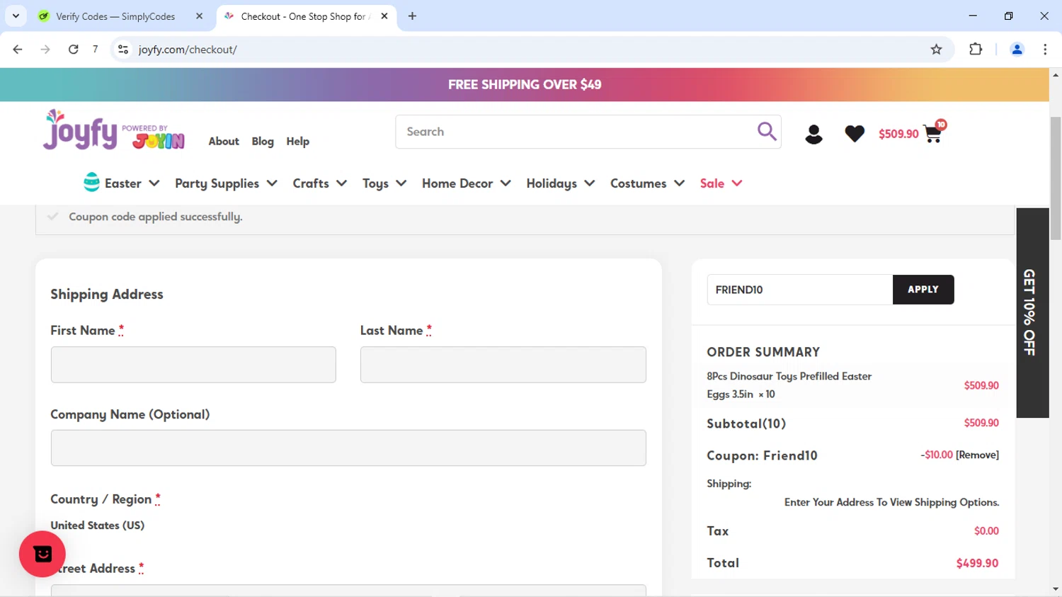 Joyfy promo code screenshot showing code FRIEND10 applied at Joyfy checkout page. Uploaded by SimplyCodes community member MoneyMaverick9441 on Jun 21, 2025
