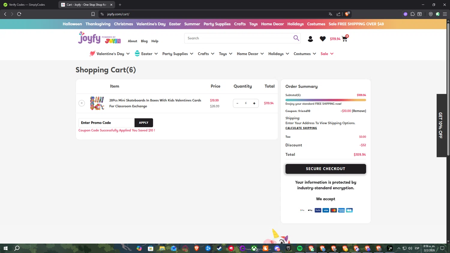 Joyfy promo code screenshot showing code FRIEND10 applied at Joyfy checkout page. Uploaded by SimplyCodes community member SimplyNerd on Feb 2, 2026