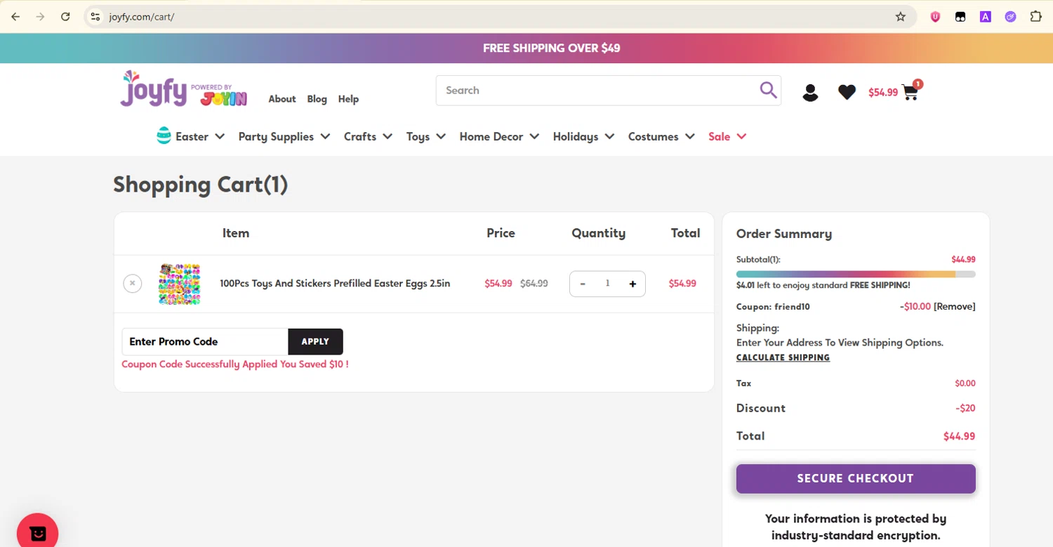 Joyfy promo code screenshot showing code FRIEND10 applied at Joyfy checkout page. Uploaded by SimplyCodes community member Samugl21 on Jun 6, 2025