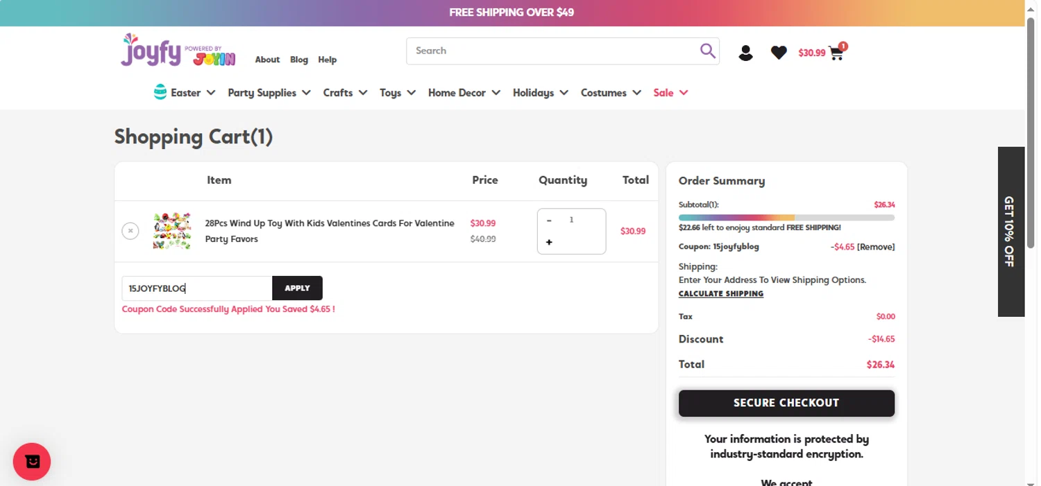 Joyfy promo code screenshot showing code 15JOYFYBLOG applied at Joyfy checkout page. Uploaded by SimplyCodes community member CleverWhiz2265 on Jun 6, 2025
