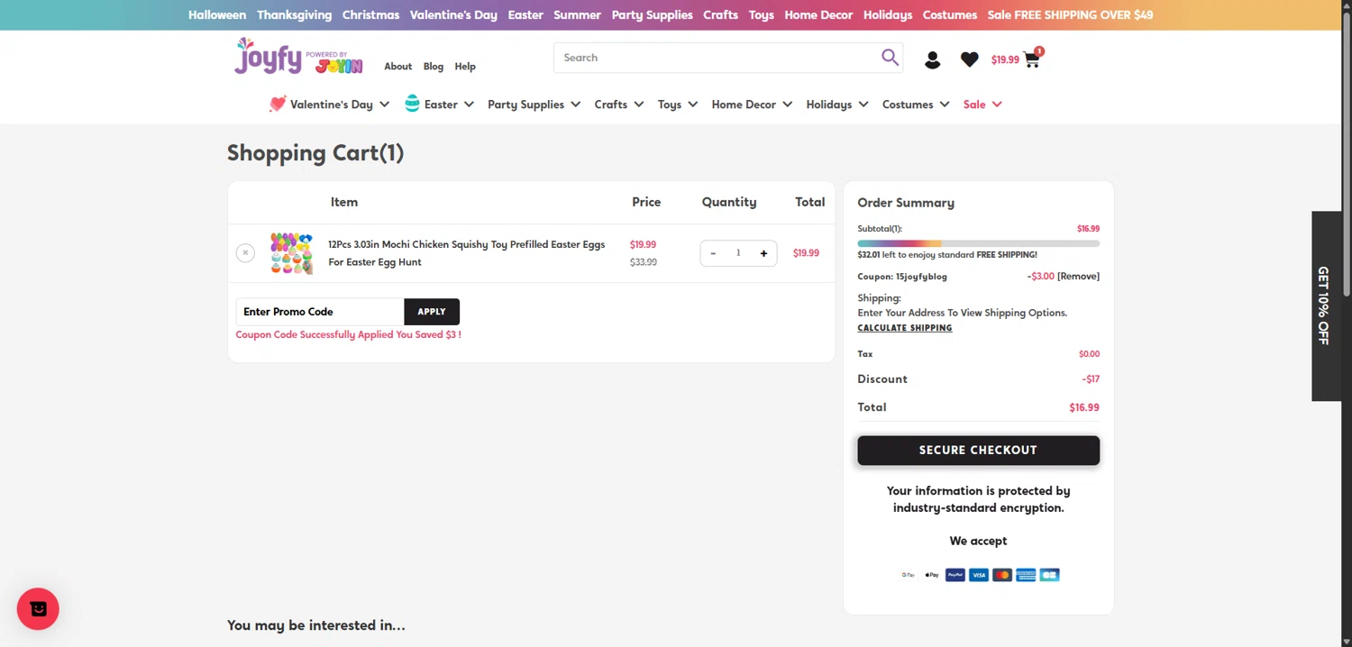 Joyfy checkout page showing Joyfy promo code box | Screenshot taken by SimplyCodes community member on Feb 2, 2026