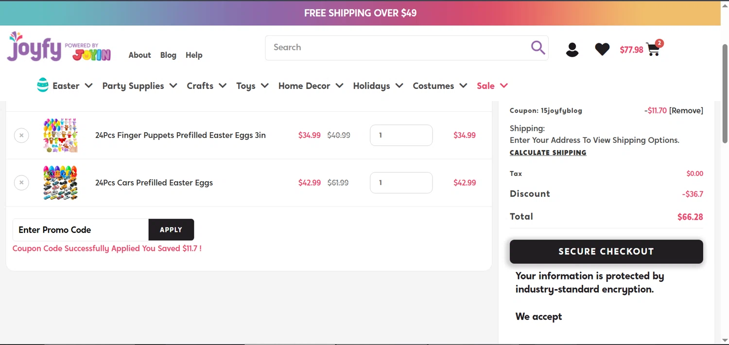 Joyfy promo code screenshot showing code 15JOYFYBLOG applied at Joyfy checkout page. Uploaded by SimplyCodes community member TALLER1 on Mar 31, 2025