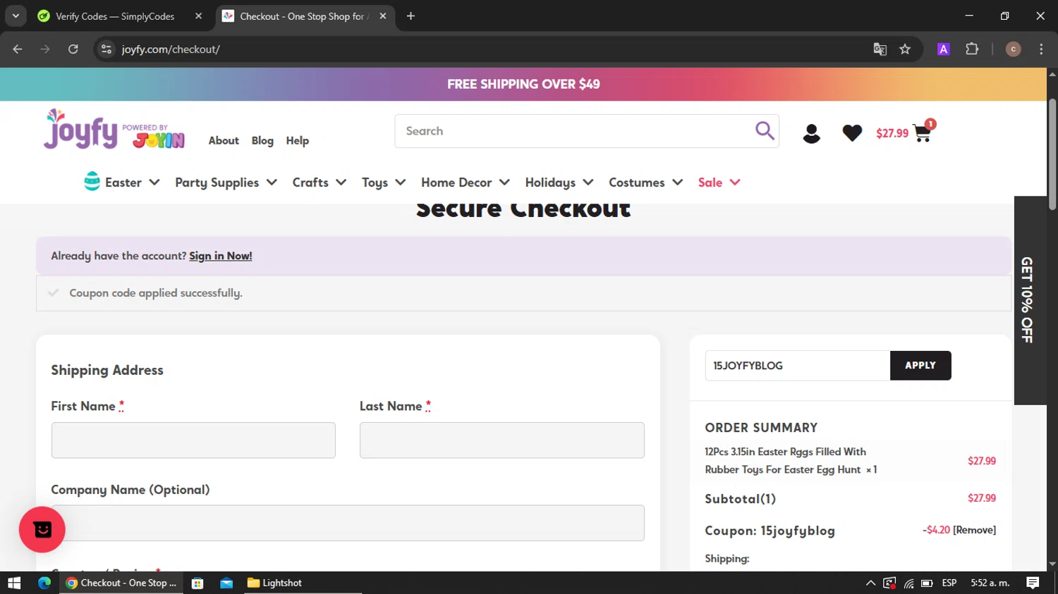 Joyfy promo code screenshot showing code 15JOYFYBLOG applied at Joyfy checkout page. Uploaded by SimplyCodes community member VoucherRanger901 on Mar 31, 2025