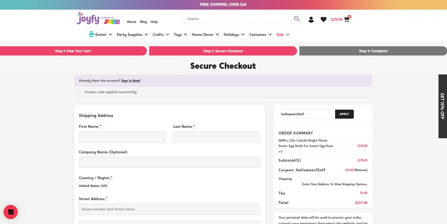 Joyfy promo code screenshot showing code halloween15off applied at Joyfy checkout page. Uploaded by SimplyCodes community member BrilliantVoyager5752 on Jun 6, 2025