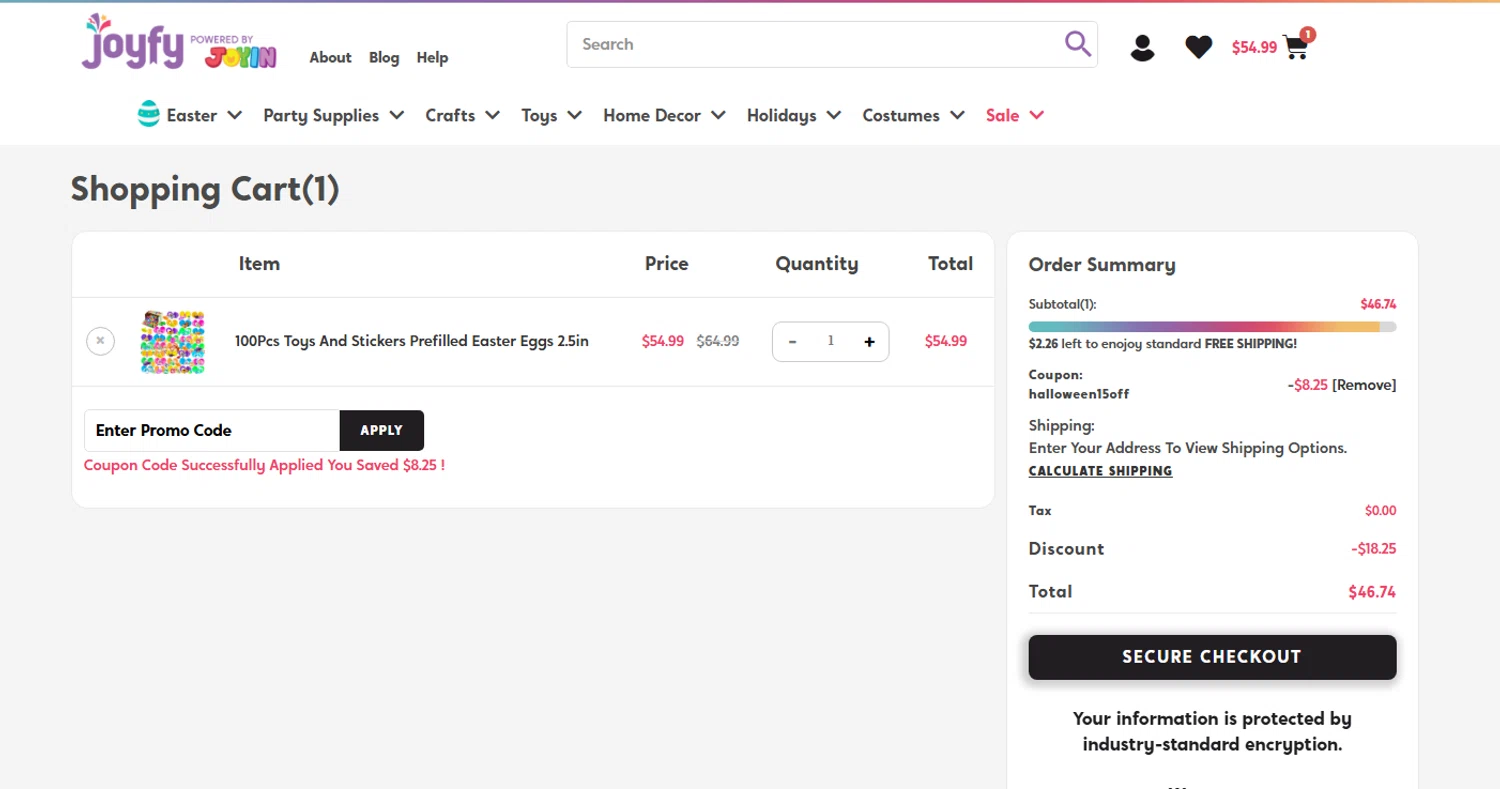 Joyfy promo code screenshot showing code halloween15off applied at Joyfy checkout page. Uploaded by SimplyCodes community member Coolemorestt on Jun 21, 2025