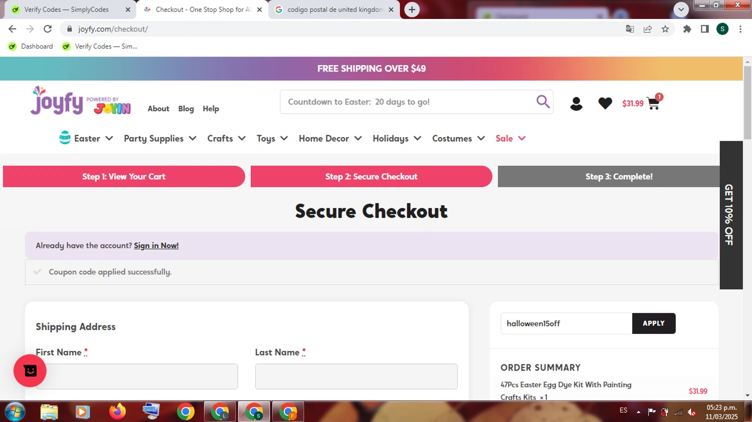 Joyfy promo code screenshot showing code halloween15off applied at Joyfy checkout page. Uploaded by SimplyCodes community member PromoExpert3105 on Mar 11, 2025