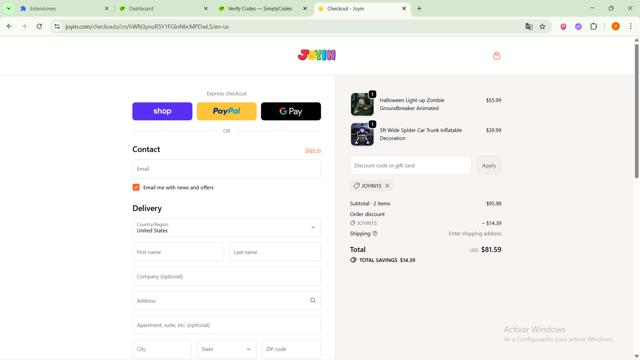 Joyin Inc checkout page showing Joyin Inc promo code box | Screenshot taken by SimplyCodes community member on Oct 7, 2025