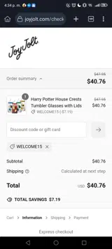 WELCOME15 coupon verification screenshot