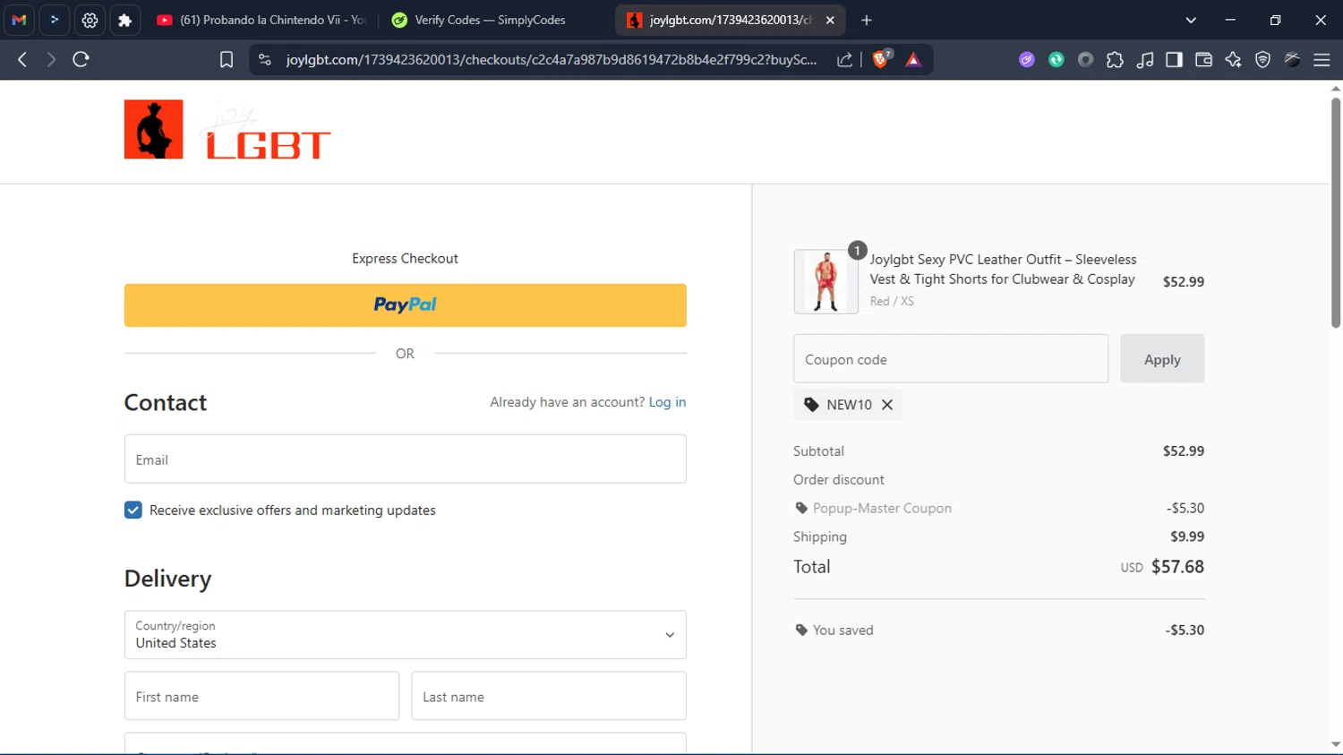 Joylgbt promo code screenshot showing code NEW10 applied at Joylgbt checkout page. Uploaded by SimplyCodes community member Charlote on Jul 25, 2025