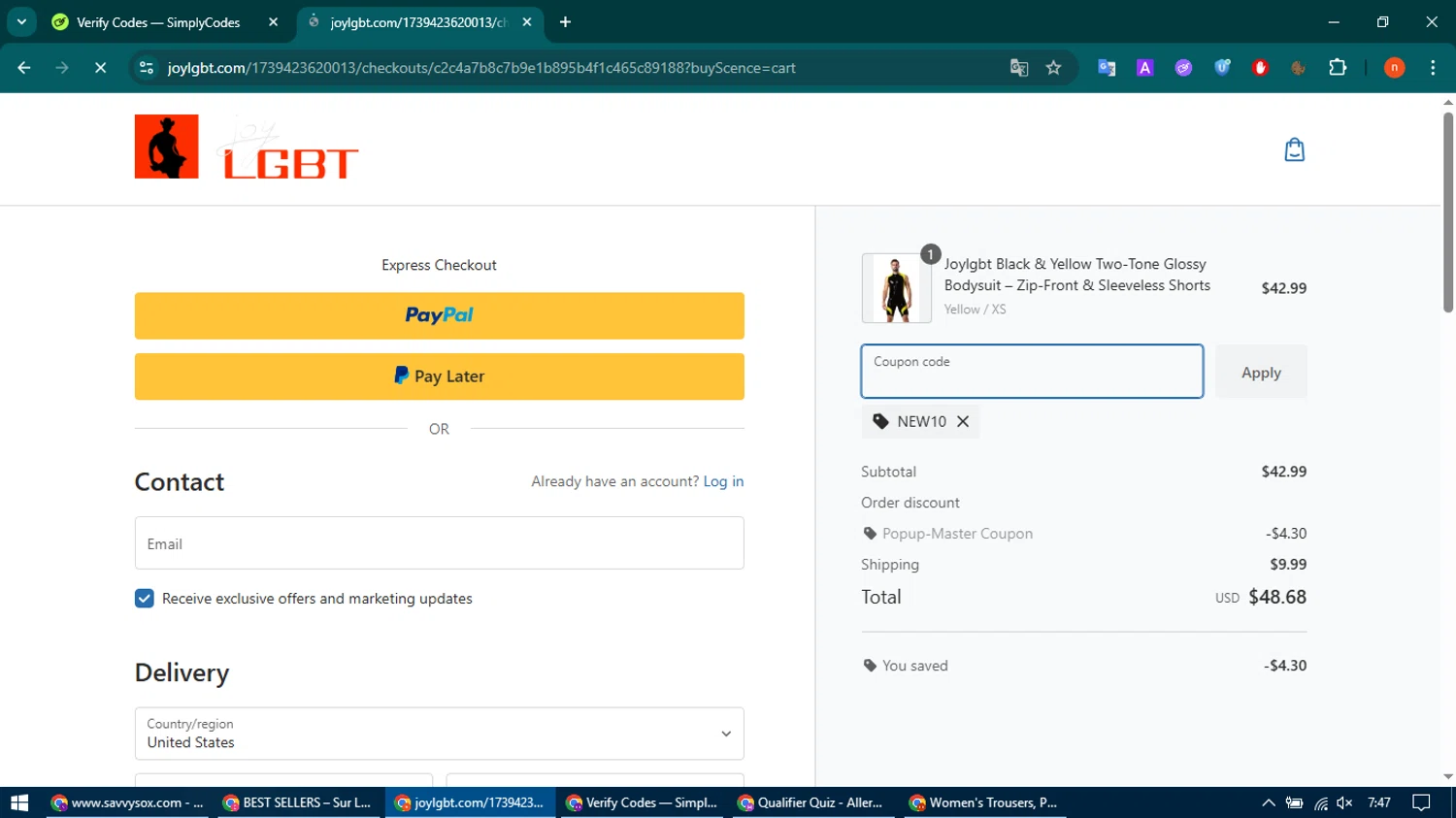 Joylgbt promo code screenshot showing code NEW10 applied at Joylgbt checkout page. Uploaded by SimplyCodes community member CoinMaven895 on Sep 21, 2025