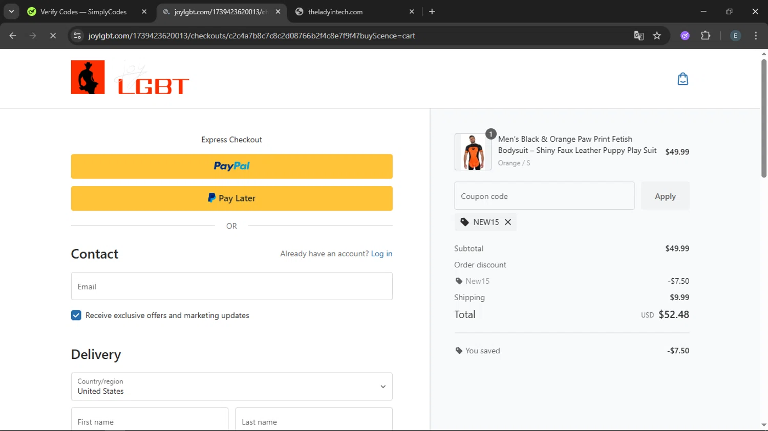 Joylgbt promo code screenshot showing code NEW15 applied at Joylgbt checkout page. Uploaded by SimplyCodes community member LegendaryFox9861 on Sep 21, 2025