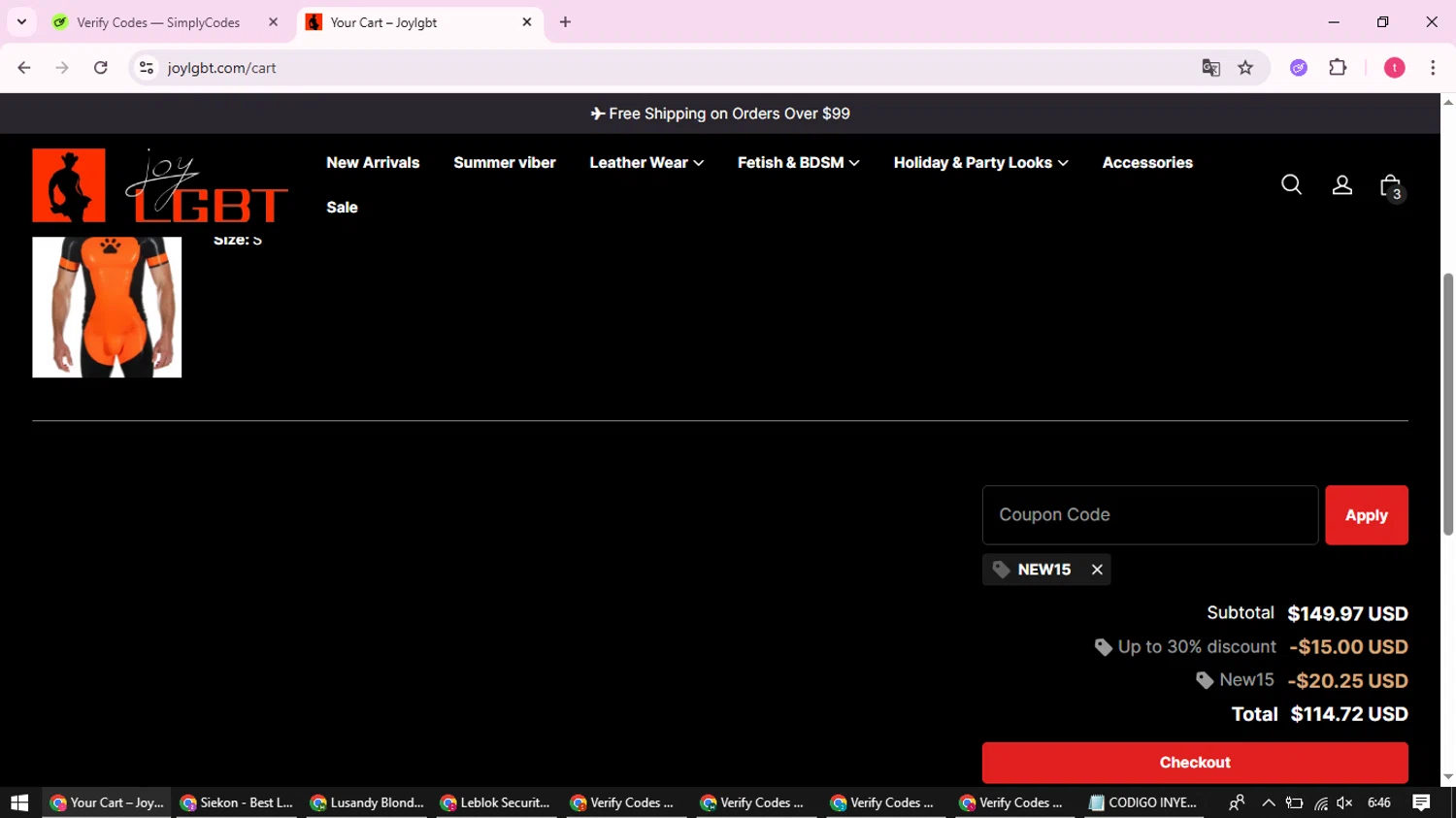 Joylgbt promo code screenshot showing code NEW15 applied at Joylgbt checkout page. Uploaded by SimplyCodes community member ScanExpert2824 on Sep 21, 2025