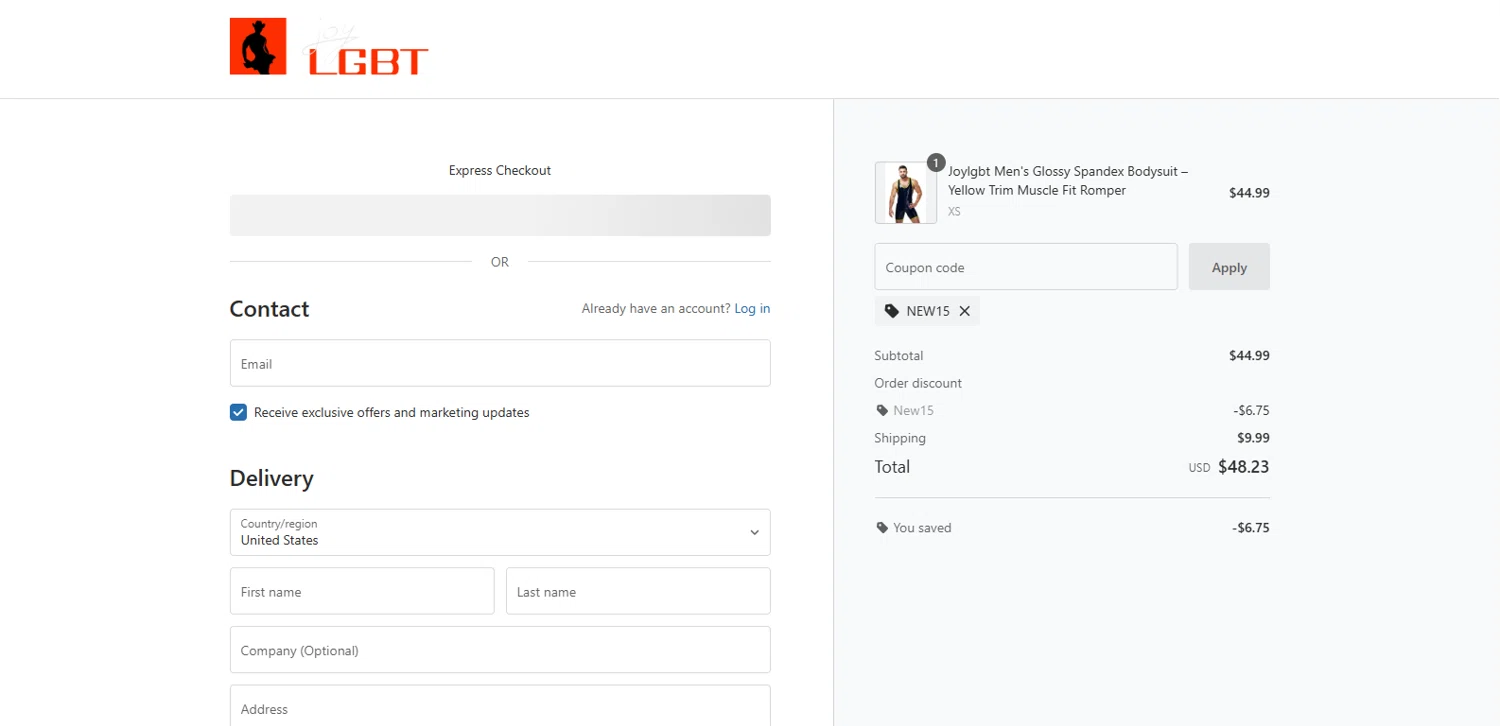 Joylgbt promo code screenshot showing code NEW15 applied at Joylgbt checkout page. Uploaded by SimplyCodes community member dimitriv on Jul 25, 2025