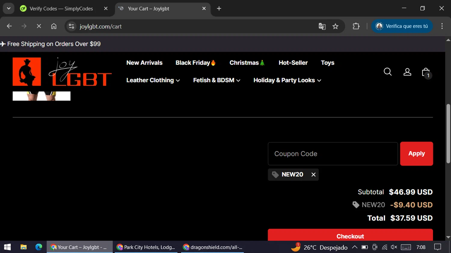 Joylgbt promo code screenshot showing code NEW20 applied at Joylgbt checkout page. Uploaded by SimplyCodes community member ariannycfh on Dec 19, 2025