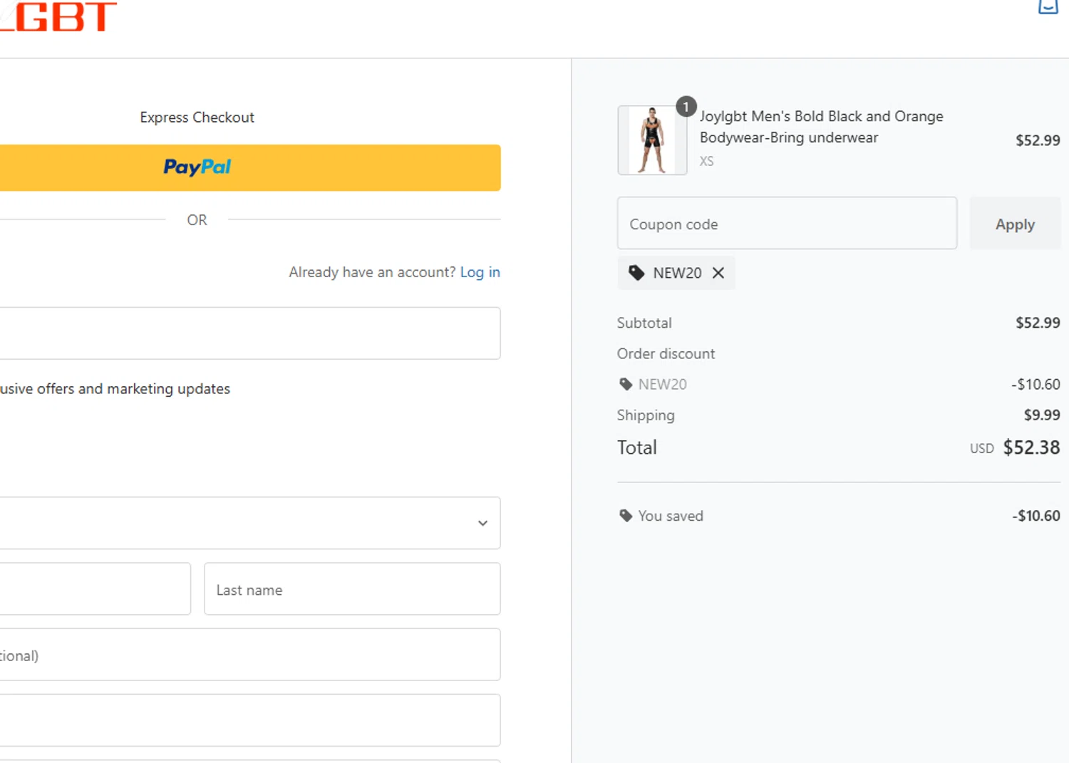 Joylgbt promo code screenshot showing code NEW20 applied at Joylgbt checkout page. Uploaded by SimplyCodes community member usermariee on Sep 23, 2025