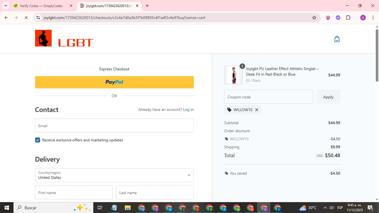 Joylgbt promo code screenshot showing code WILLOW10 applied at Joylgbt checkout page. Uploaded by SimplyCodes community member ValuePilot6849 on Dec 11, 2025