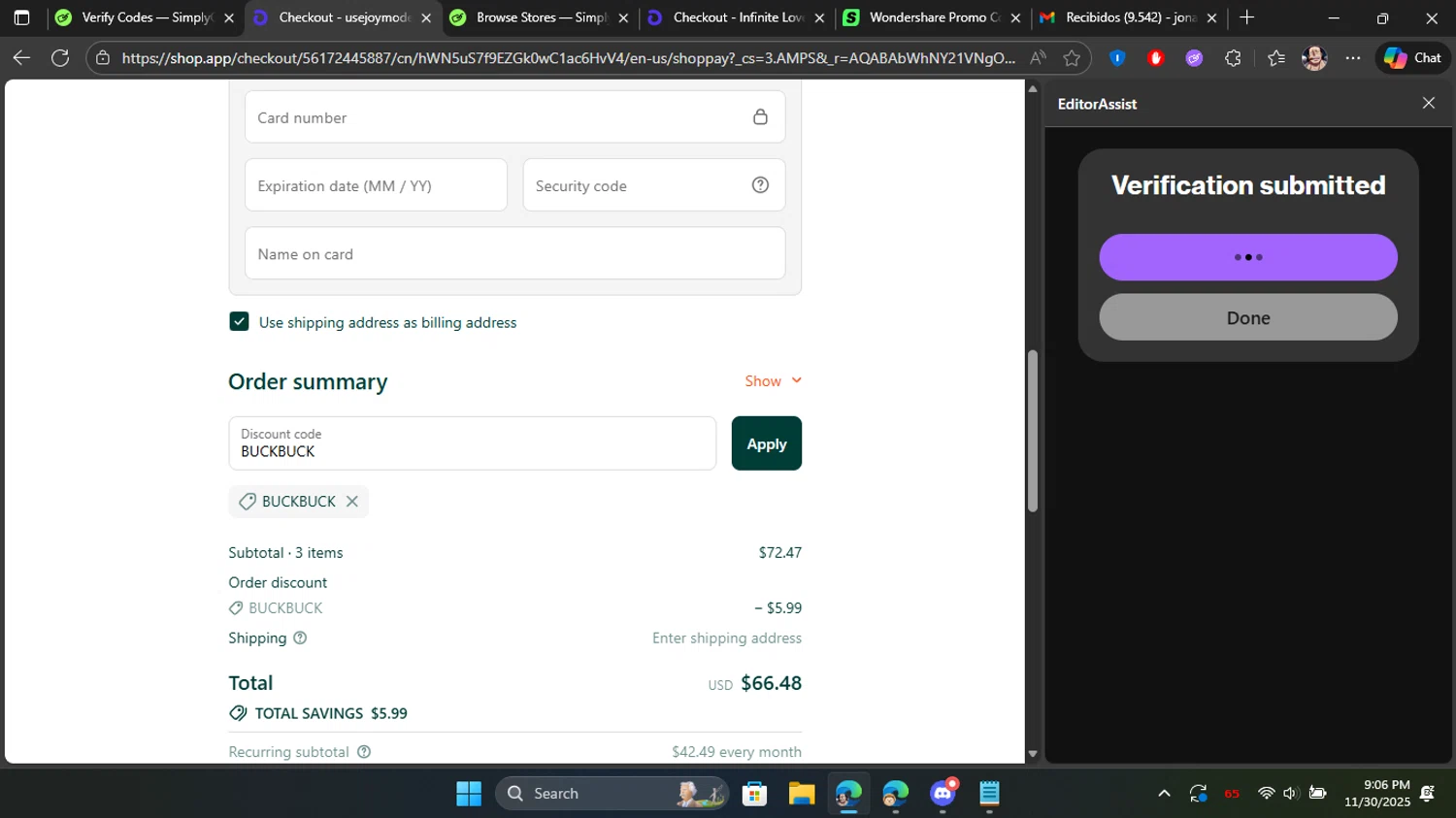 JOYMODE US promo code screenshot showing code BUCKBUCK applied at JOYMODE US checkout page. Uploaded by SimplyCodes community member Blackleg_Sanji on Dec 1, 2025
