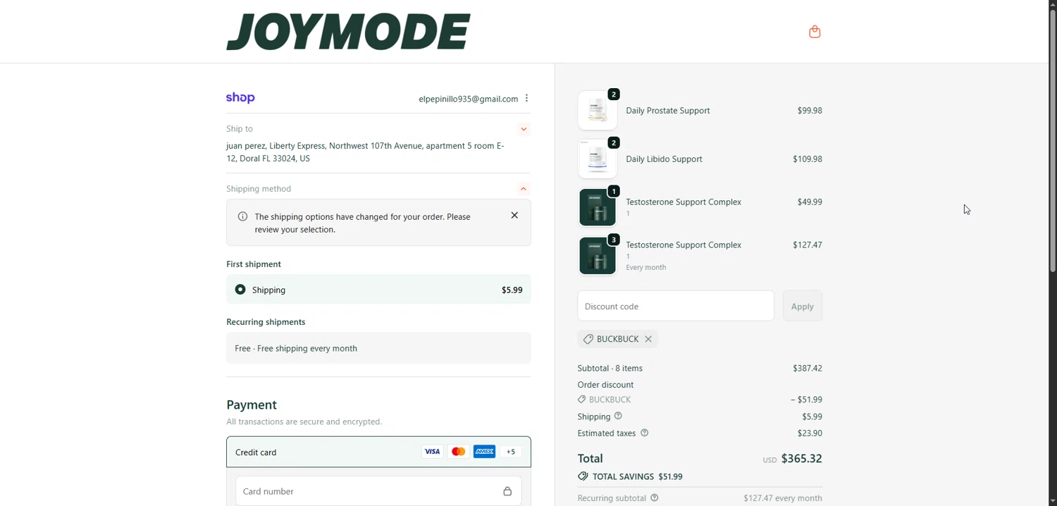 JOYMODE US promo code screenshot showing code BUCKBUCK applied at JOYMODE US checkout page. Uploaded by SimplyCodes community member Enmanuel99 on Dec 24, 2025