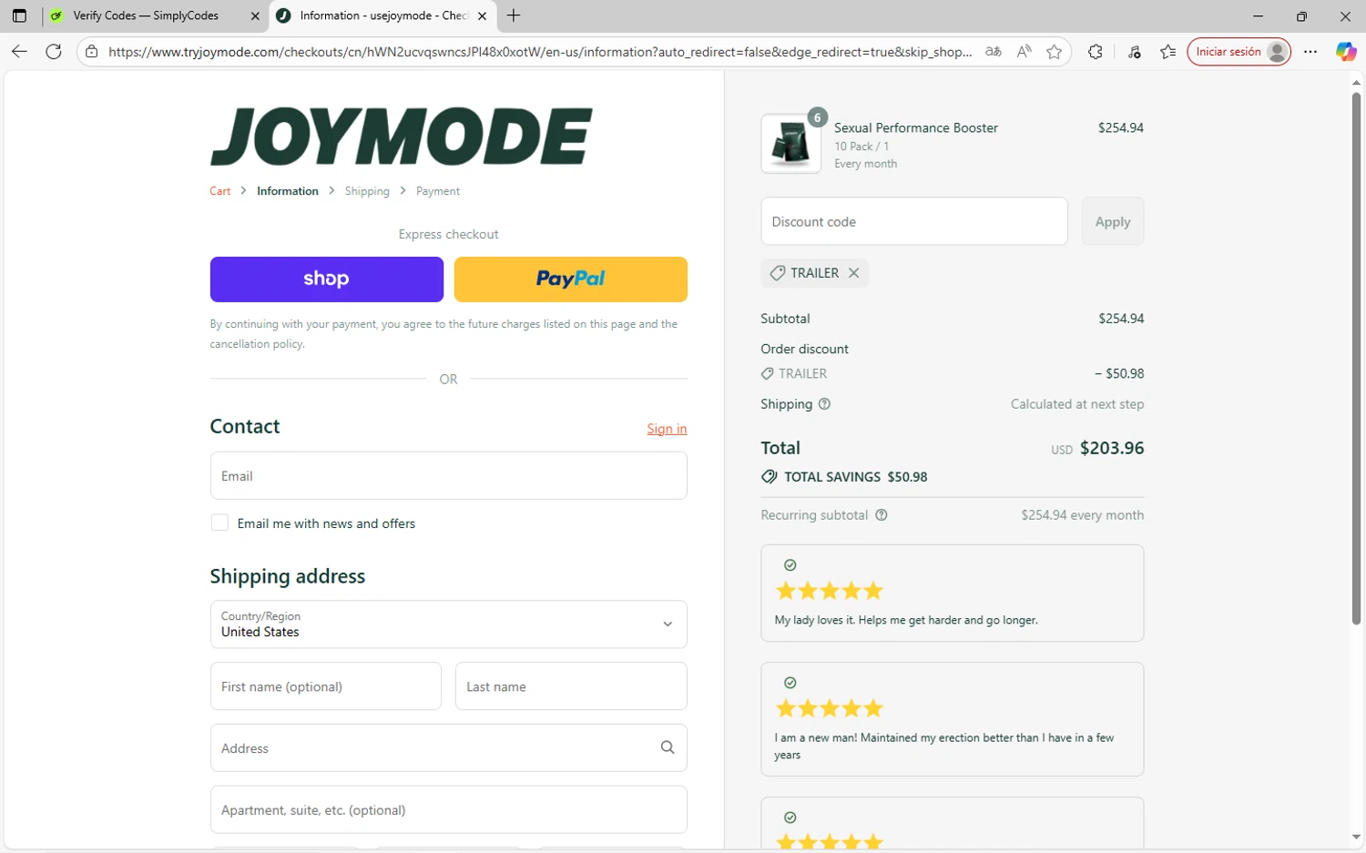 JOYMODE US promo code screenshot showing code TRAILER applied at JOYMODE US checkout page. Uploaded by SimplyCodes community member SavvyWizard7346 on Sep 13, 2025