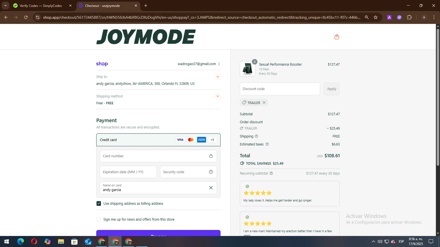 JOYMODE US promo code screenshot showing code TRAILER applied at JOYMODE US checkout page. Uploaded by SimplyCodes community member lisandro on Sep 17, 2025
