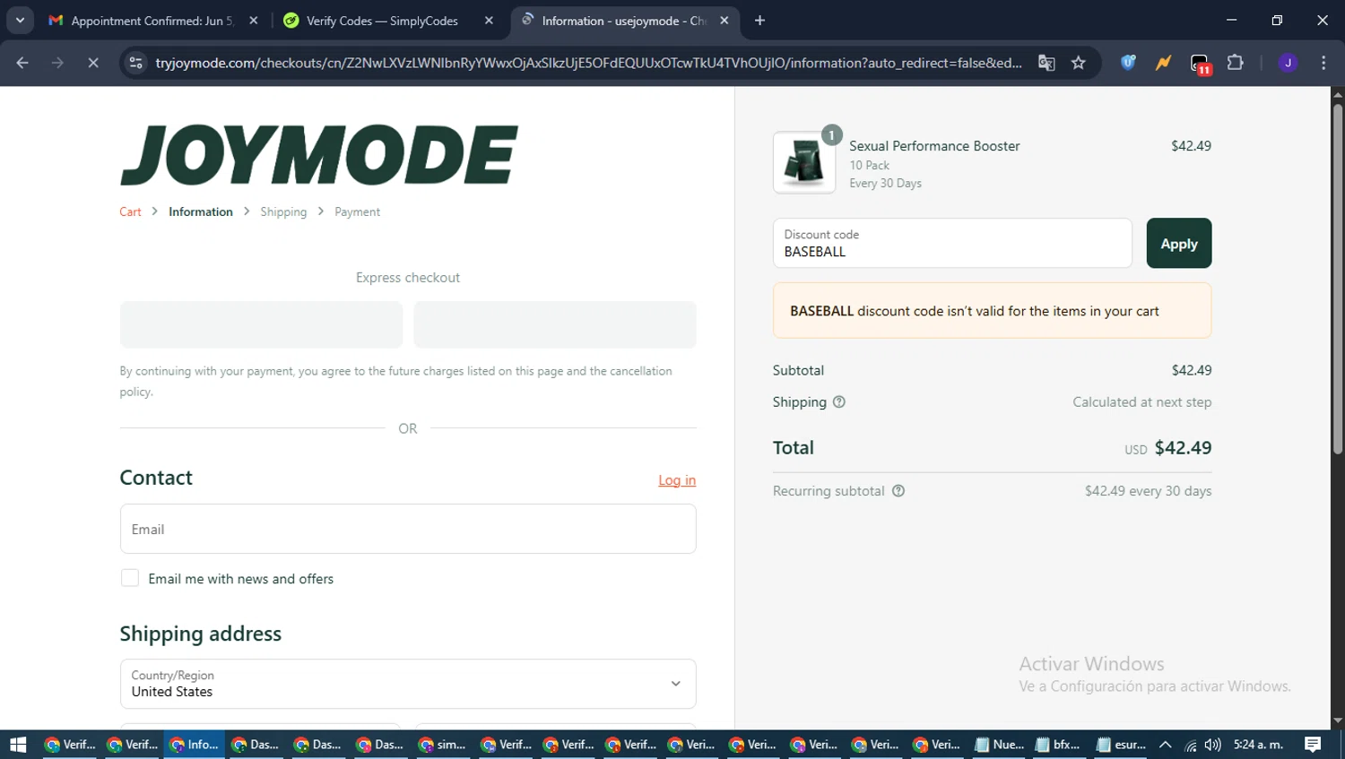 JOYMODE US promo code screenshot showing code BASEBALL applied at JOYMODE US checkout page. Uploaded by SimplyCodes community member LegendaryLegend9872 on Jun 19, 2025