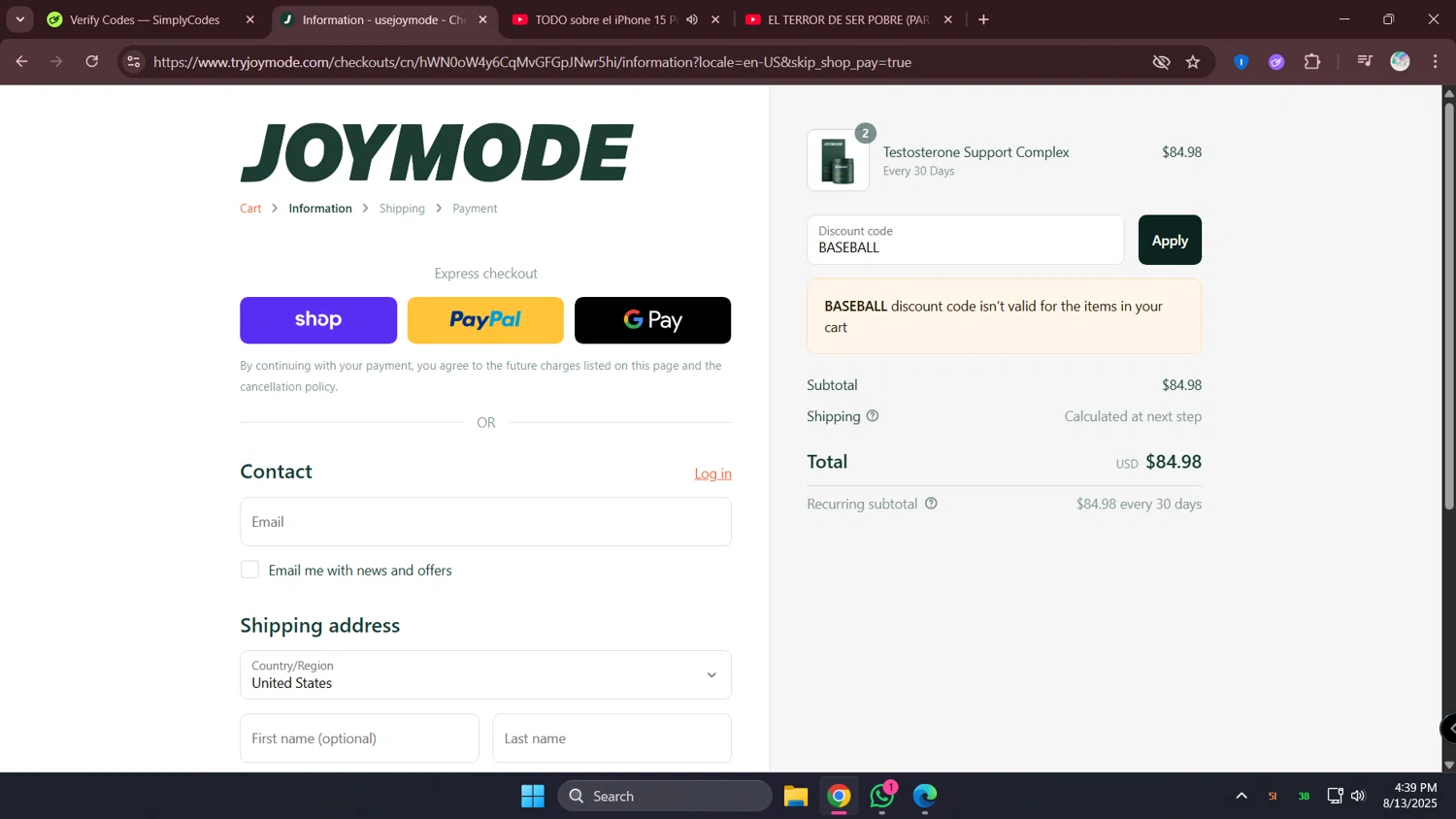 JOYMODE US promo code screenshot showing code BASEBALL applied at JOYMODE US checkout page. Uploaded by SimplyCodes community member lunita on Aug 13, 2025