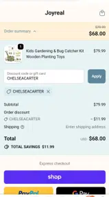 CHELSEACARTER coupon verification screenshot