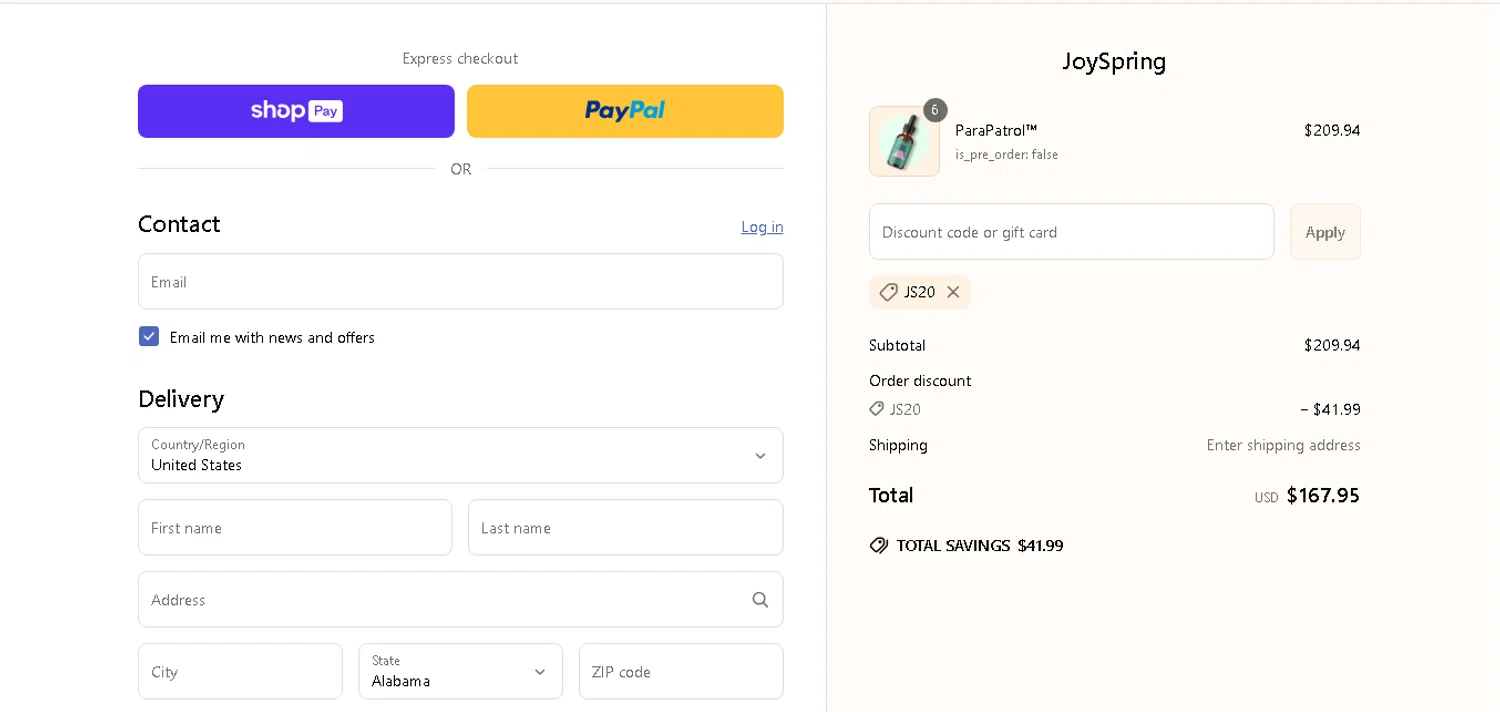 JoySpring discount code screenshot showing code JS20 applied at JoySpring checkout page. Uploaded by SimplyCodes community member xHRxUltrax on Jun 11, 2025