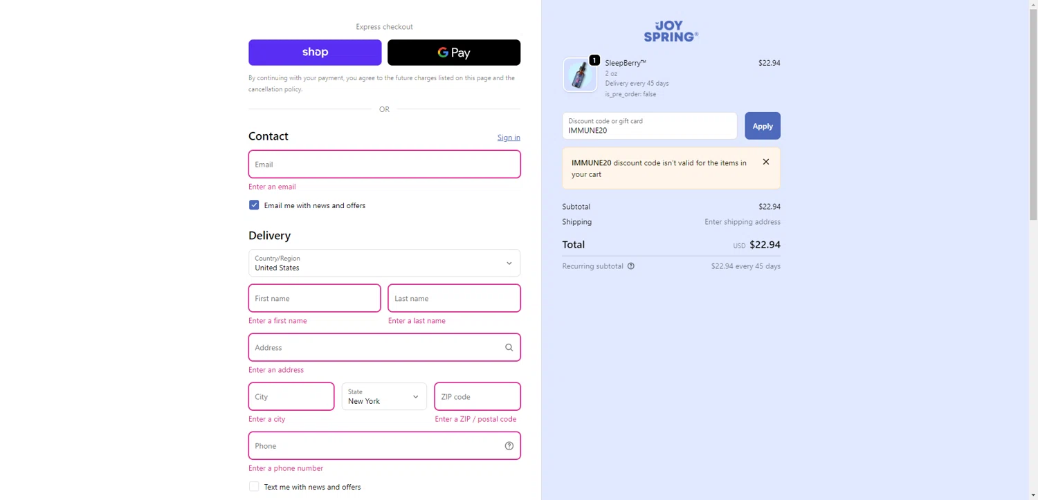 JoySpring discount code screenshot showing code IMMUNE20 applied at JoySpring checkout page. Uploaded by SimplyCodes community member PromoAdmiral6652 on Oct 17, 2025