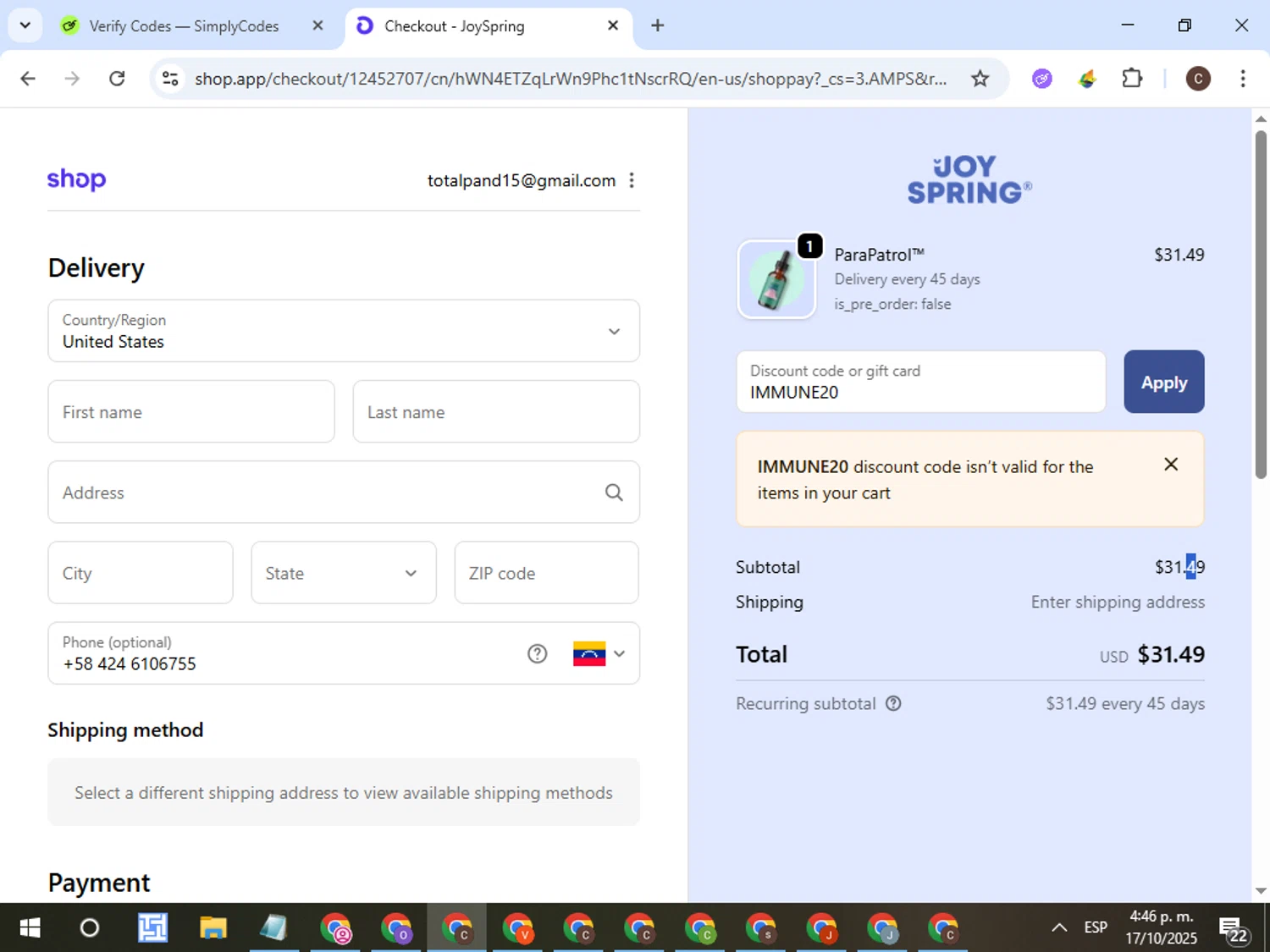 JoySpring discount code screenshot showing code IMMUNE20 applied at JoySpring checkout page. Uploaded by SimplyCodes community member VictorL on Oct 17, 2025