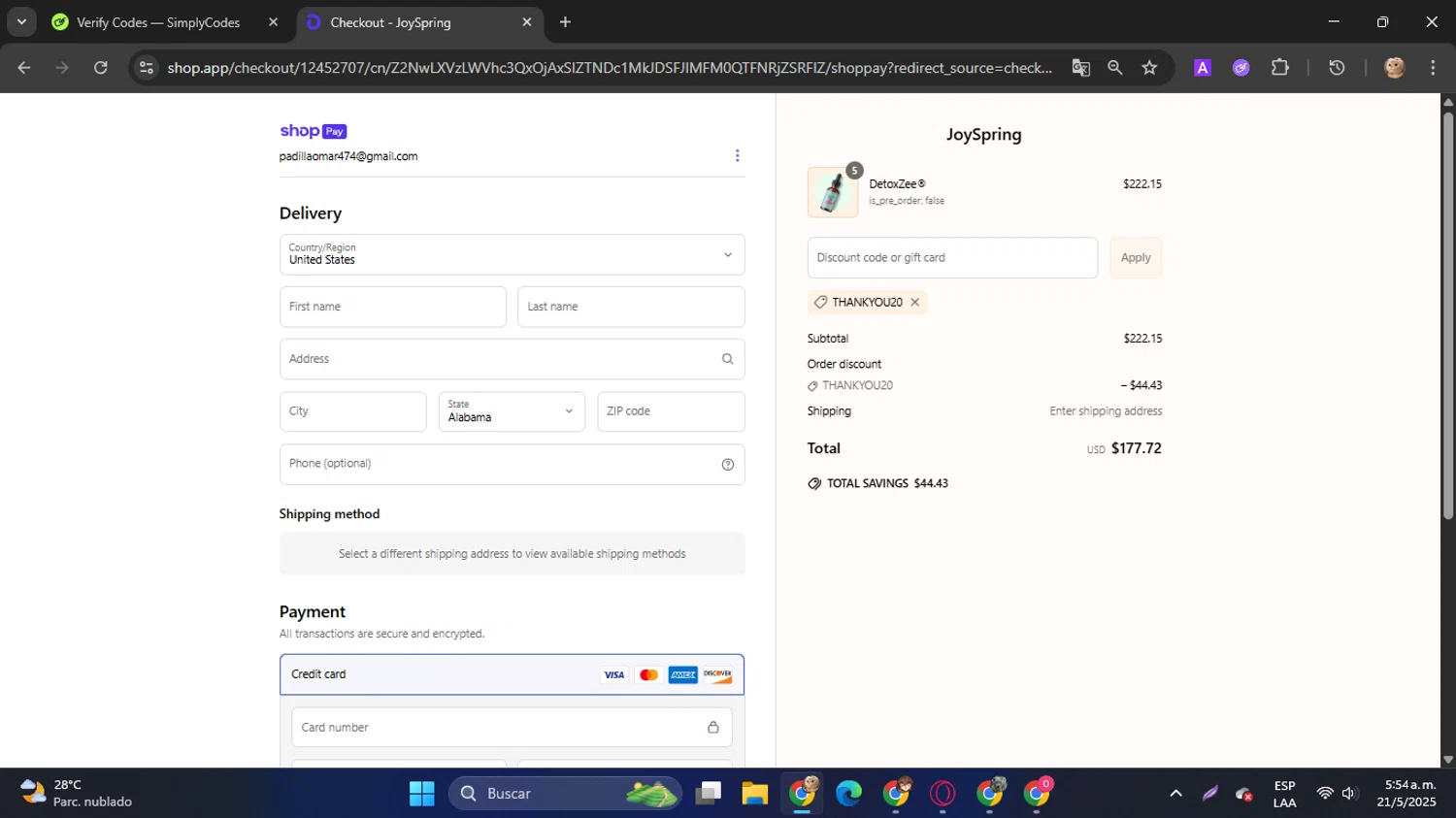 JoySpring discount code screenshot showing code THANKYOU20 applied at JoySpring checkout page. Uploaded by SimplyCodes community member SwiftPilot741 on May 21, 2025