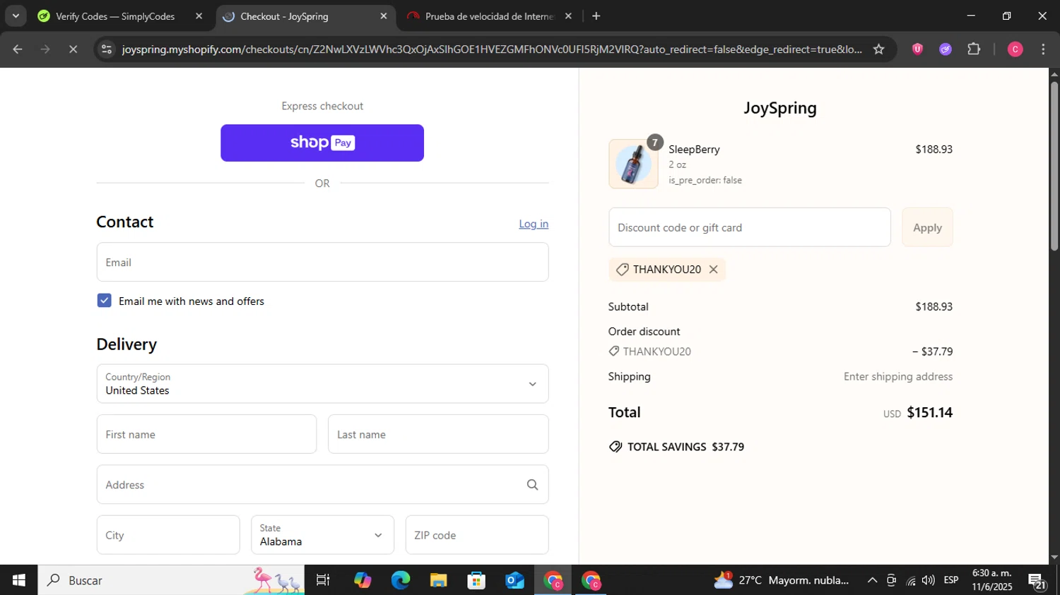 JoySpring discount code screenshot showing code THANKYOU20 applied at JoySpring checkout page. Uploaded by SimplyCodes community member ricardokaka7 on Jun 11, 2025