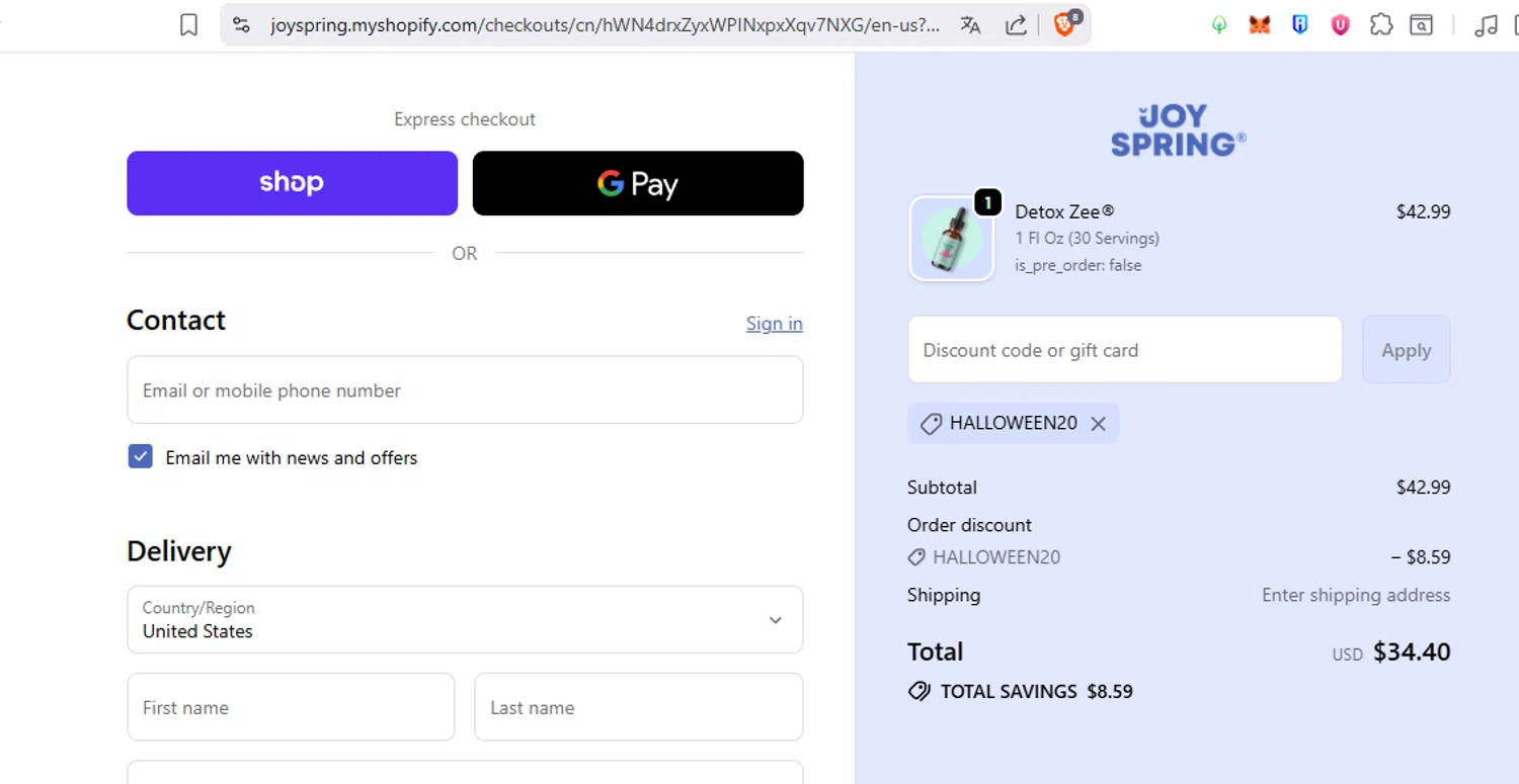 JoySpring discount code screenshot showing code HALLOWEEN20 applied at JoySpring checkout page. Uploaded by SimplyCodes community member salinsanchez on Oct 28, 2025
