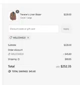 WELCOME20 coupon verification screenshot