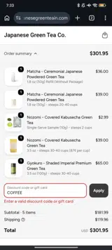 Japanese Green Tea Co. coupon verification screenshot