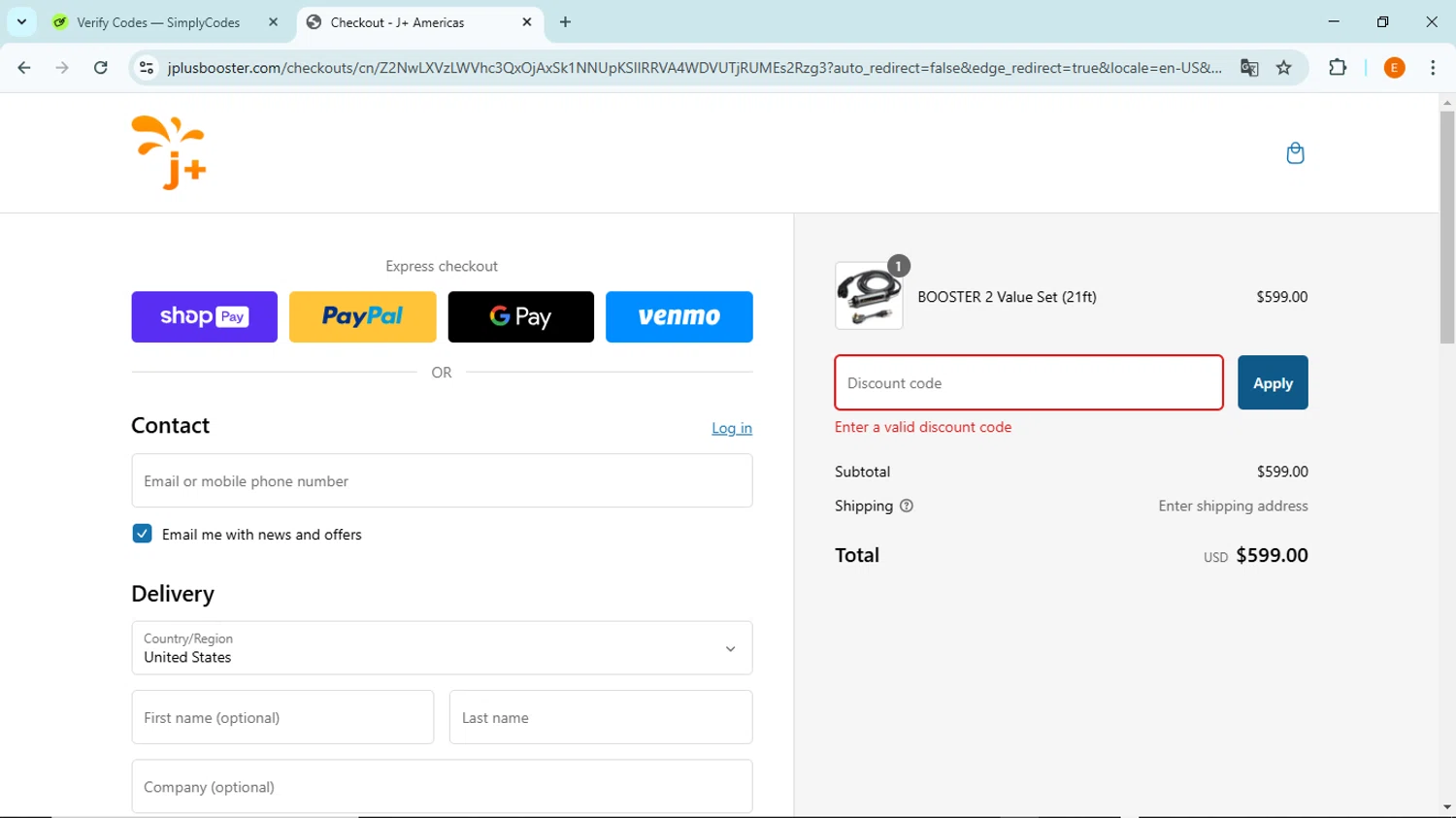 J+ Booster 2 promo code screenshot showing code D4567Z5D applied at J+ Booster 2 checkout page. Uploaded by SimplyCodes community member BudgetFox5491 on Feb 21, 2025