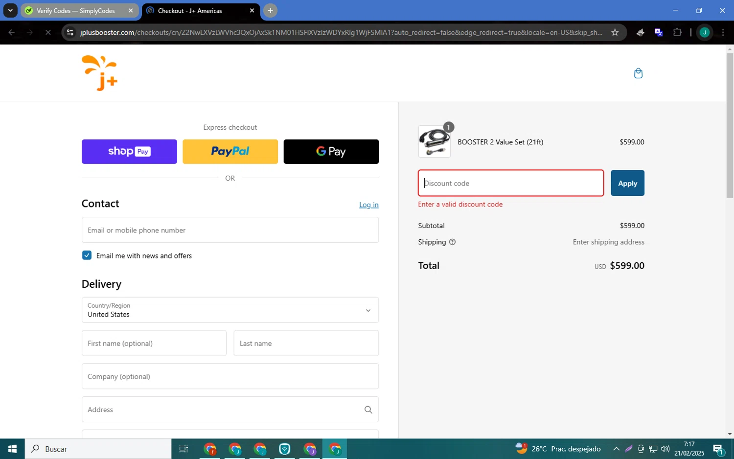J+ Booster 2 promo code screenshot showing code D4567Z5D applied at J+ Booster 2 checkout page. Uploaded by SimplyCodes community member MagnificentCaptain7552 on Feb 21, 2025