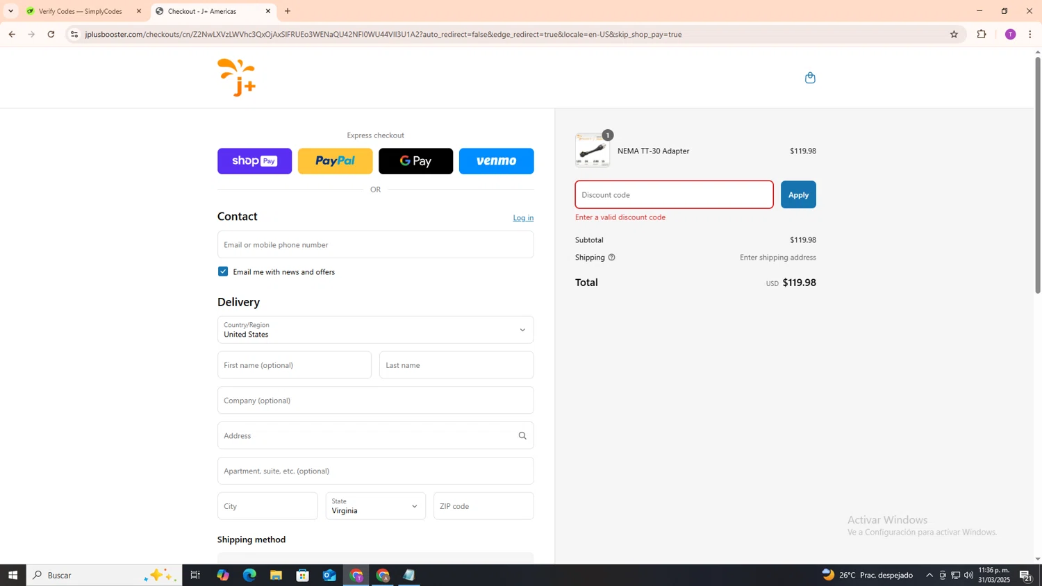 J+ Booster 2 promo code screenshot showing code QFH3KC9Q applied at J+ Booster 2 checkout page. Uploaded by SimplyCodes community member ShrewdSleuth9497 on Apr 1, 2025
