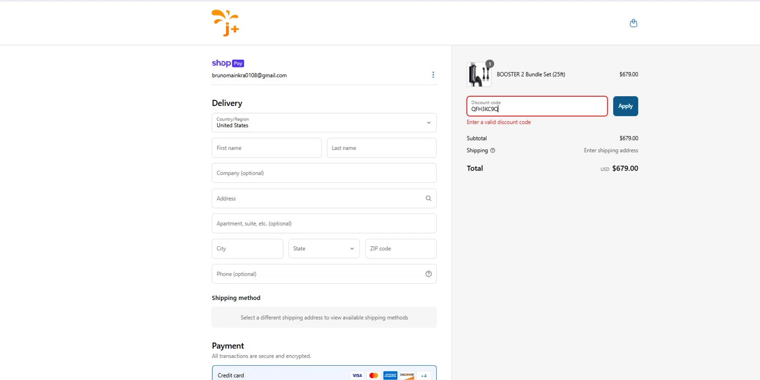 J+ Booster 2 promo code screenshot showing code QFH3KC9Q applied at J+ Booster 2 checkout page. Uploaded by SimplyCodes community member NobleCurator8685 on Mar 31, 2025