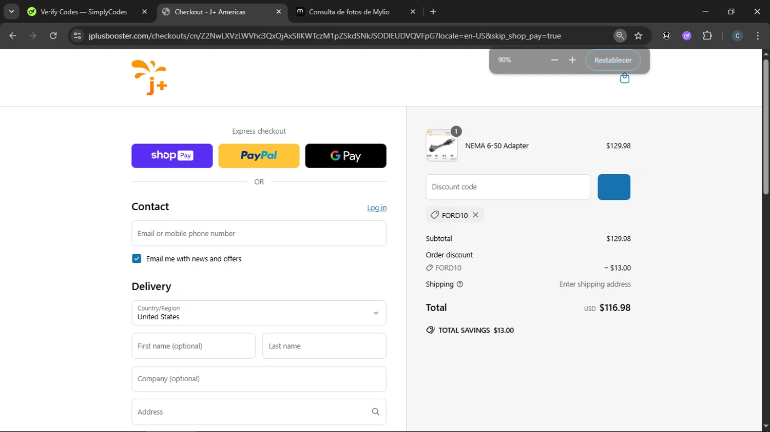 J+ Booster 2 promo code screenshot showing code FORD10 applied at J+ Booster 2 checkout page. Uploaded by SimplyCodes community member Nata_Montana on Jun 25, 2025
