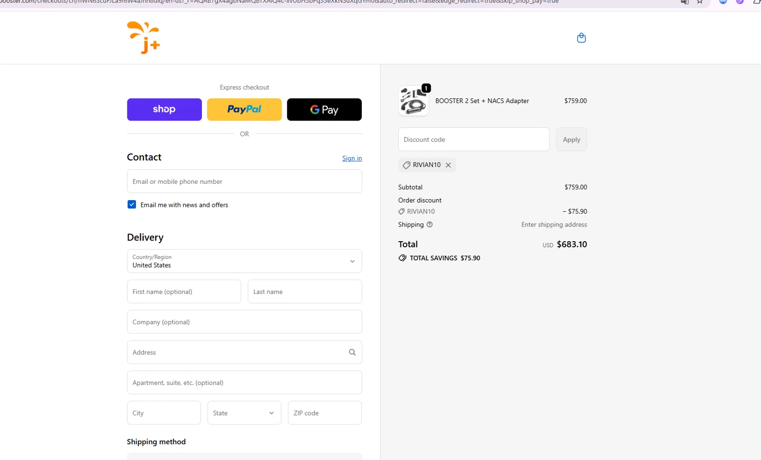 J+ Booster 2 promo code screenshot showing code RIVIAN10 applied at J+ Booster 2 checkout page. Uploaded by SimplyCodes community member GoldRanger7896 on Dec 15, 2025