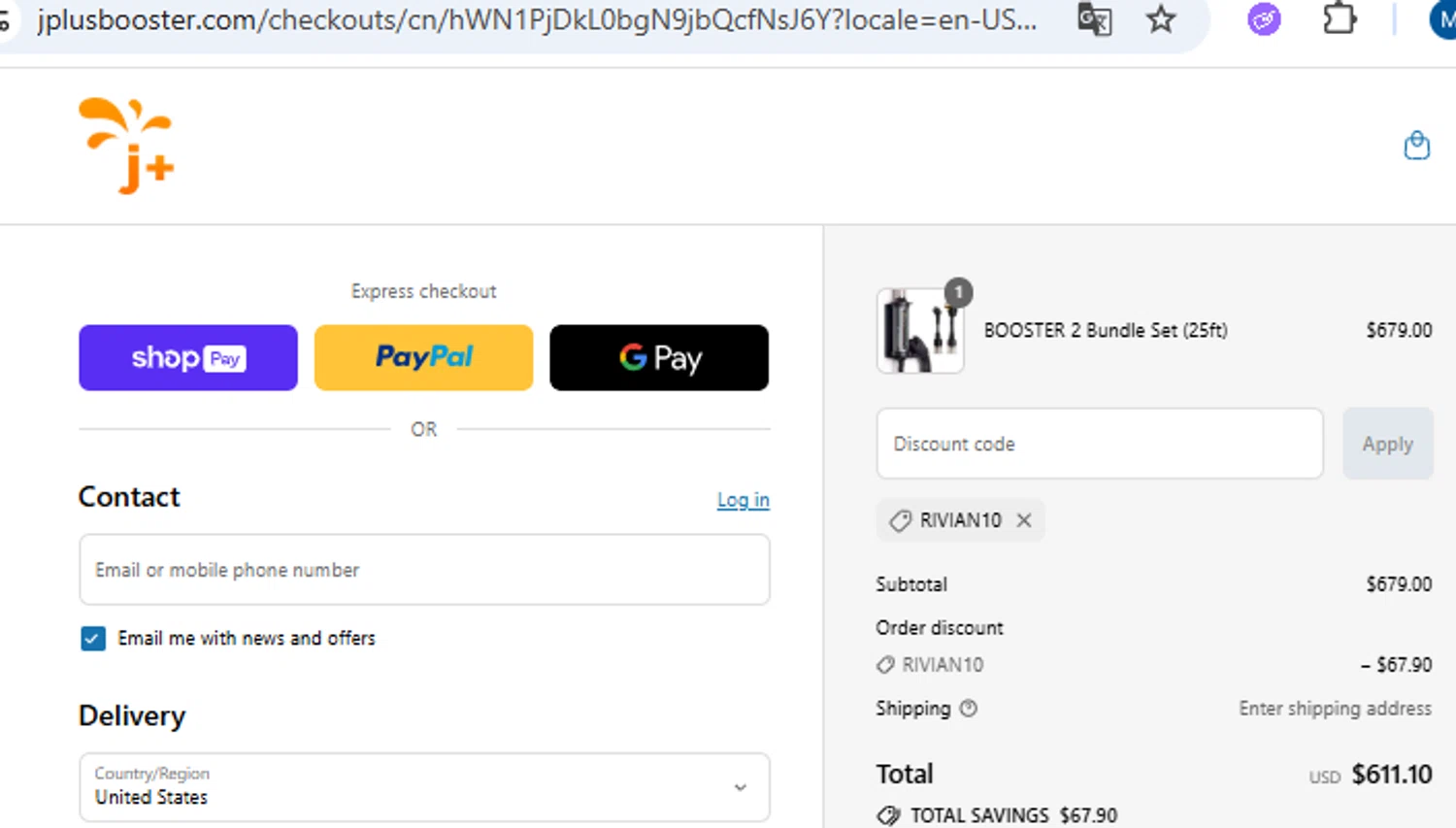J+ Booster 2 promo code screenshot showing code RIVIAN10 applied at J+ Booster 2 checkout page. Uploaded by SimplyCodes community member PennyOwl2559 on Aug 4, 2025