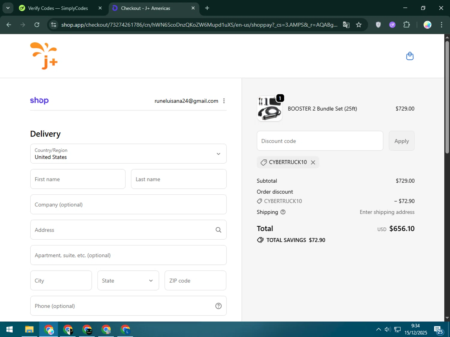 J+ Booster 2 promo code screenshot showing code CYBERTRUCK10 applied at J+ Booster 2 checkout page. Uploaded by SimplyCodes community member Estrellitacoairis on Dec 15, 2025