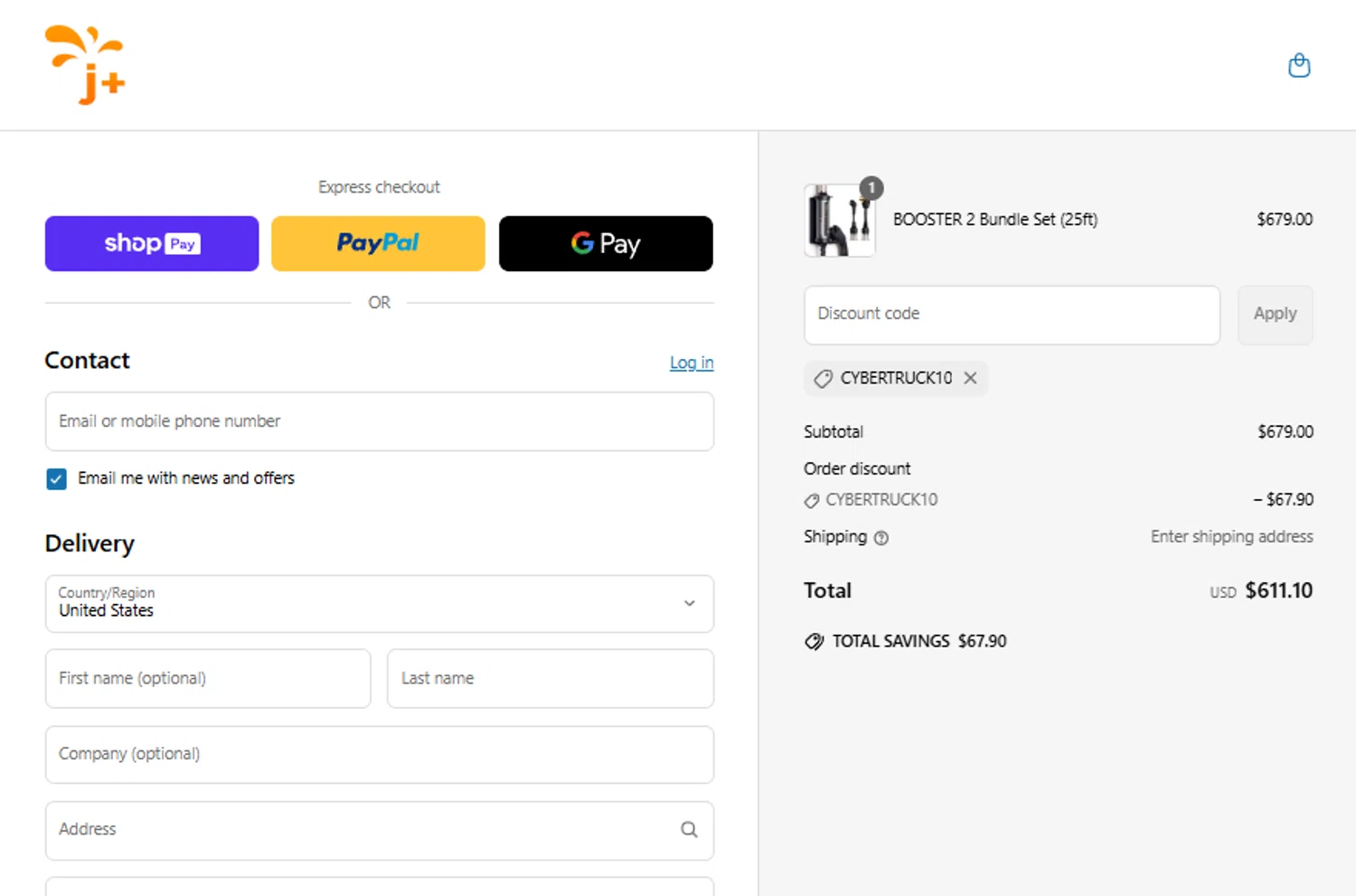 J+ Booster 2 promo code screenshot showing code CYBERTRUCK10 applied at J+ Booster 2 checkout page. Uploaded by SimplyCodes community member gabrielponce on Jun 8, 2025