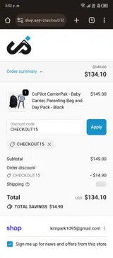 CHECKOUT15 coupon verification screenshot